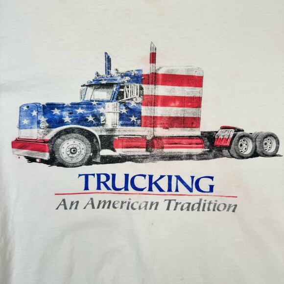 Vintage American Trucking Tshirt 18 Wheeler Cab American Flag White Size XXL - Picture 2 of 7